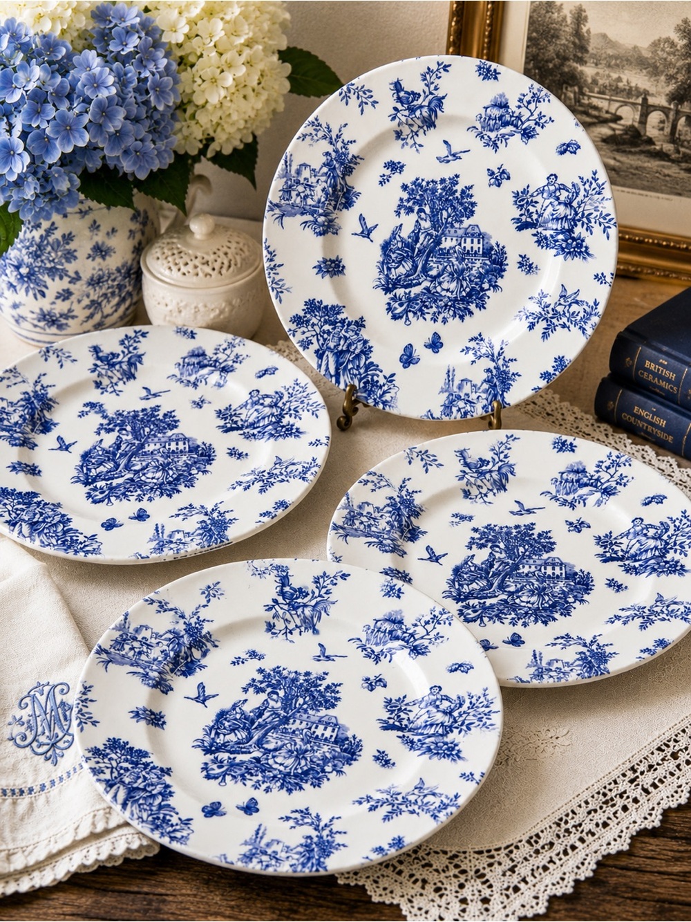 Churchill England‎ Set of 4 Blue White Toile Transferware Dinner Plates 10”